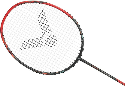 The Victor Thruster Ryuga TD C 4U Badminton Racket in black/red by Victor features Power Box technology, a grid string pattern, and a distinct triangular logo at the center of the strings.