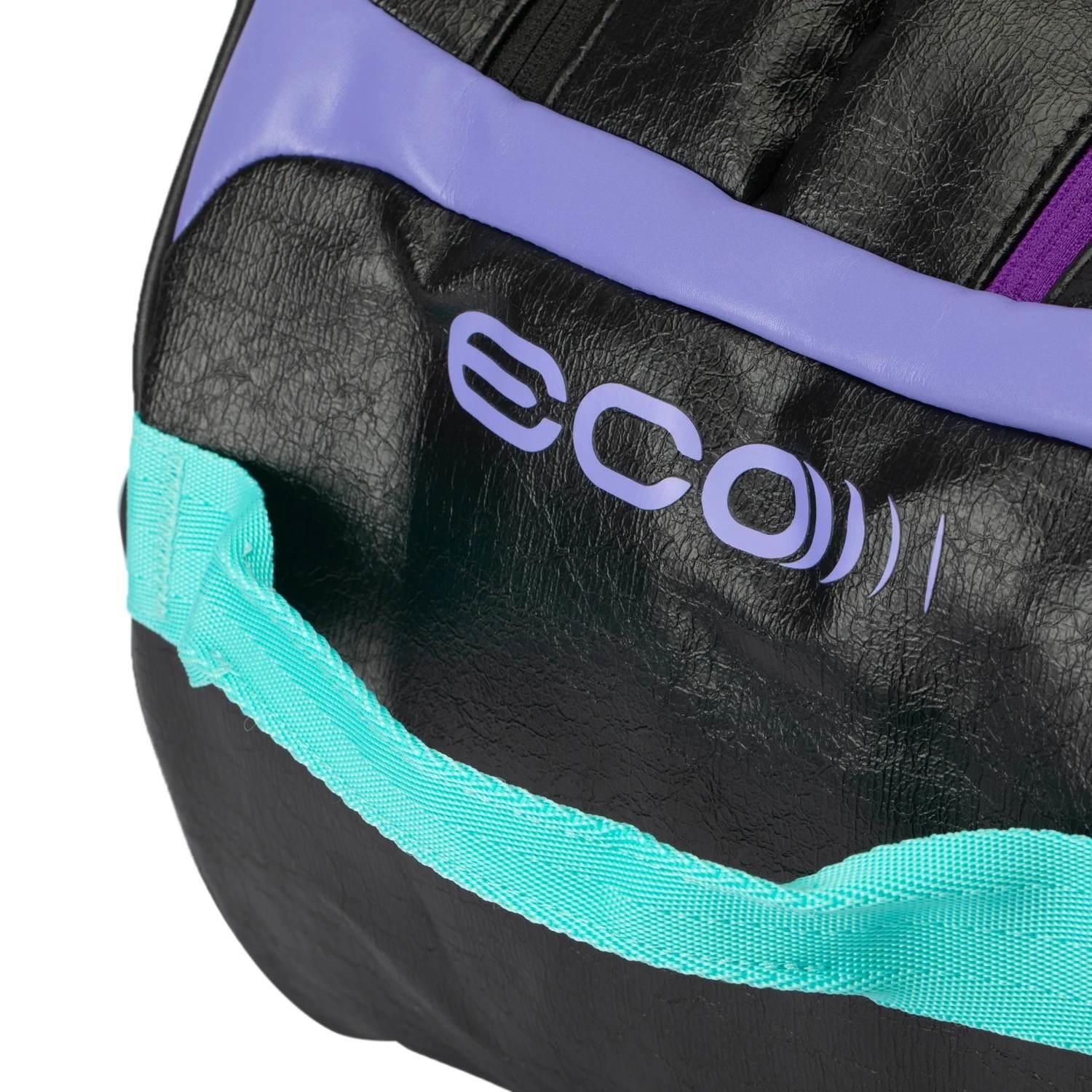 Close-up of the black Li-Ning International Elite 6 Racket Badminton Bag with a purple strap, featuring "eco" print in purple and a light blue side handle. The textured, slightly reflective material provides ample storage for avid players.
