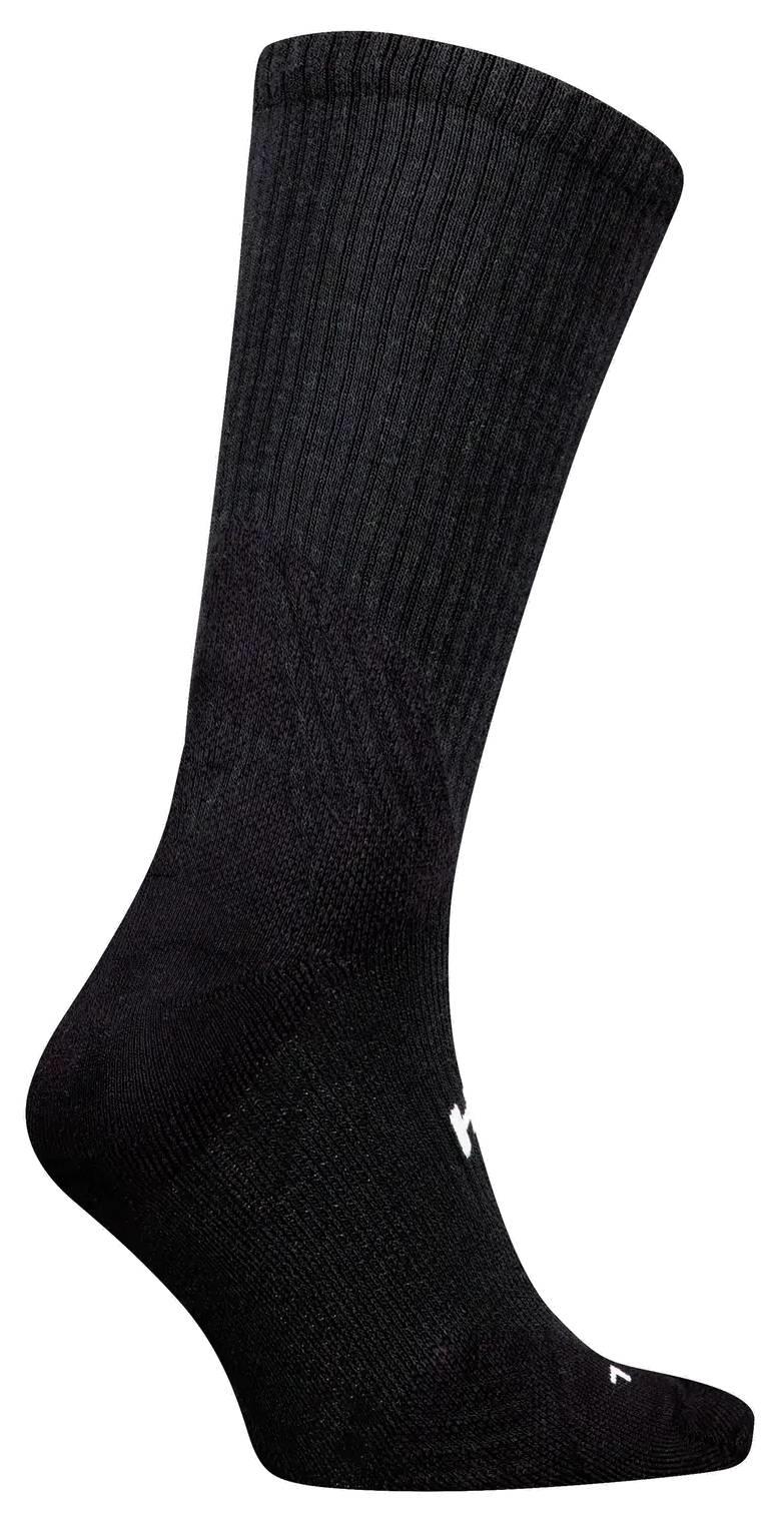 The HEAD Crew Badminton Sock in black is shown upright on a white background, highlighting ribbed detailing at the top, subtle white accents near the toe, and cushioned support for added comfort during play.