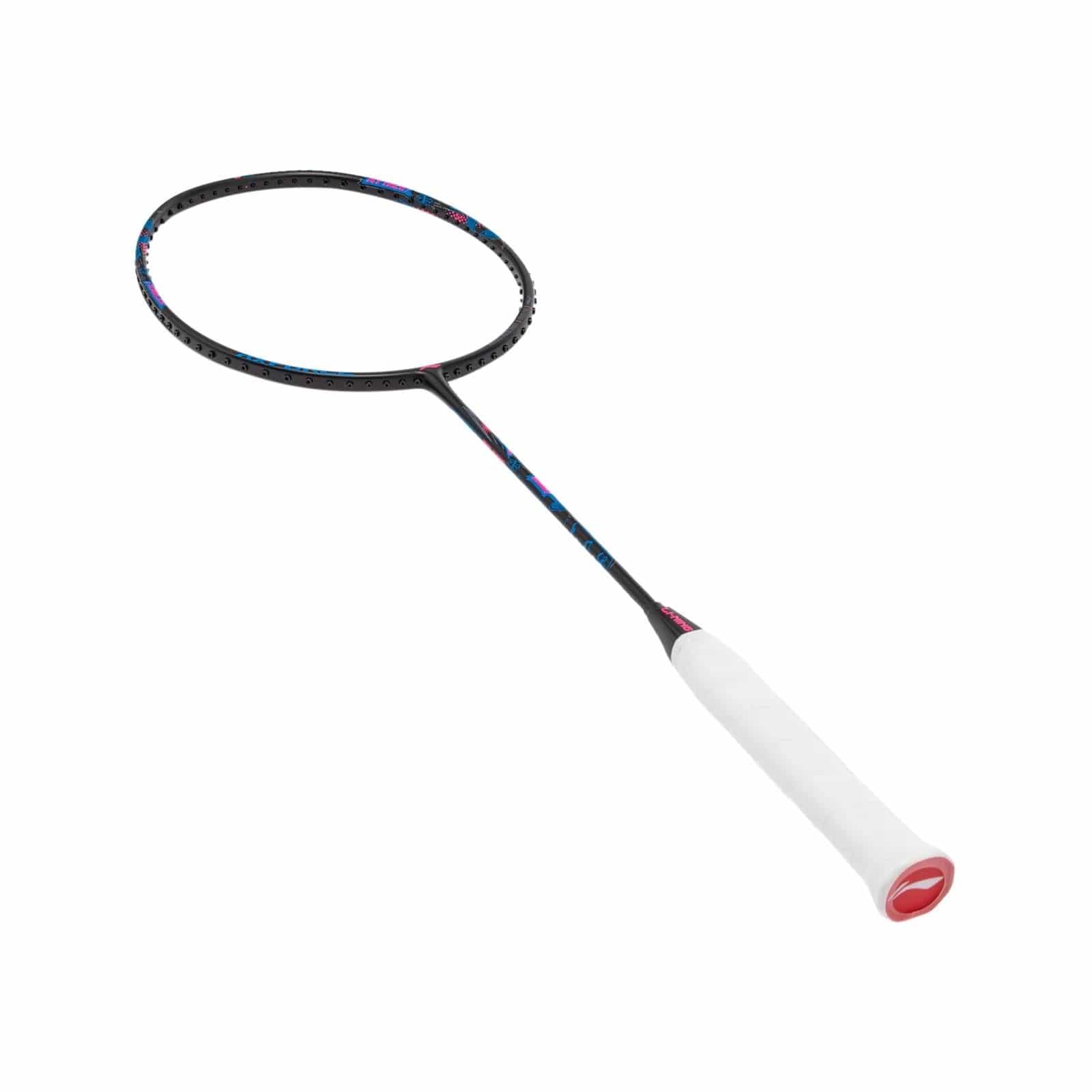 The Li-Ning Axforce Big Bang 6U Badminton Racket in black showcases an Ex-Light frame with a sleek design. It has a white grip tape on the handle and features a distinctive red end cap for added flair. This minimalistic and elegant racket is ideal for enthusiasts who prioritize precision and style in their game.