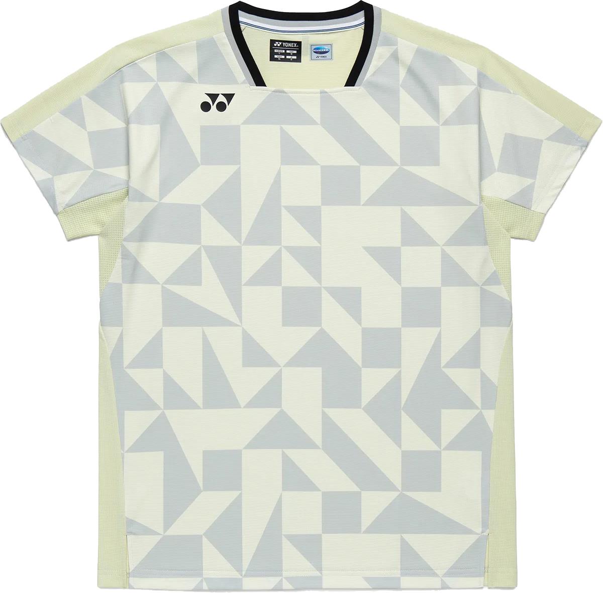 The Yonex 10712YX Crew Neck Men's Badminton T-Shirt in Champagne features a geometric gray and white pattern, black-lined neckline, Yonex chest logo, short sleeves, and quick-drying sportswear fabric.