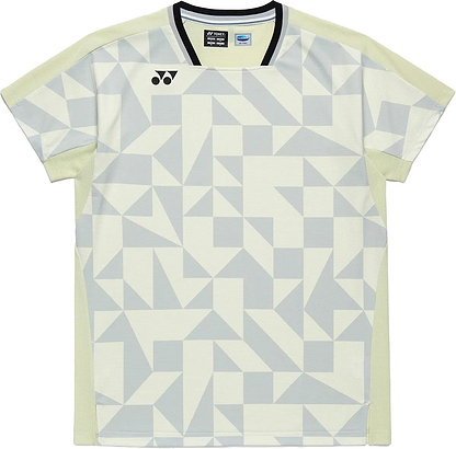 The Yonex 10712YX Crew Neck Men's Badminton T-Shirt in Champagne features a geometric gray and white pattern, black-lined neckline, Yonex chest logo, short sleeves, and quick-drying sportswear fabric.