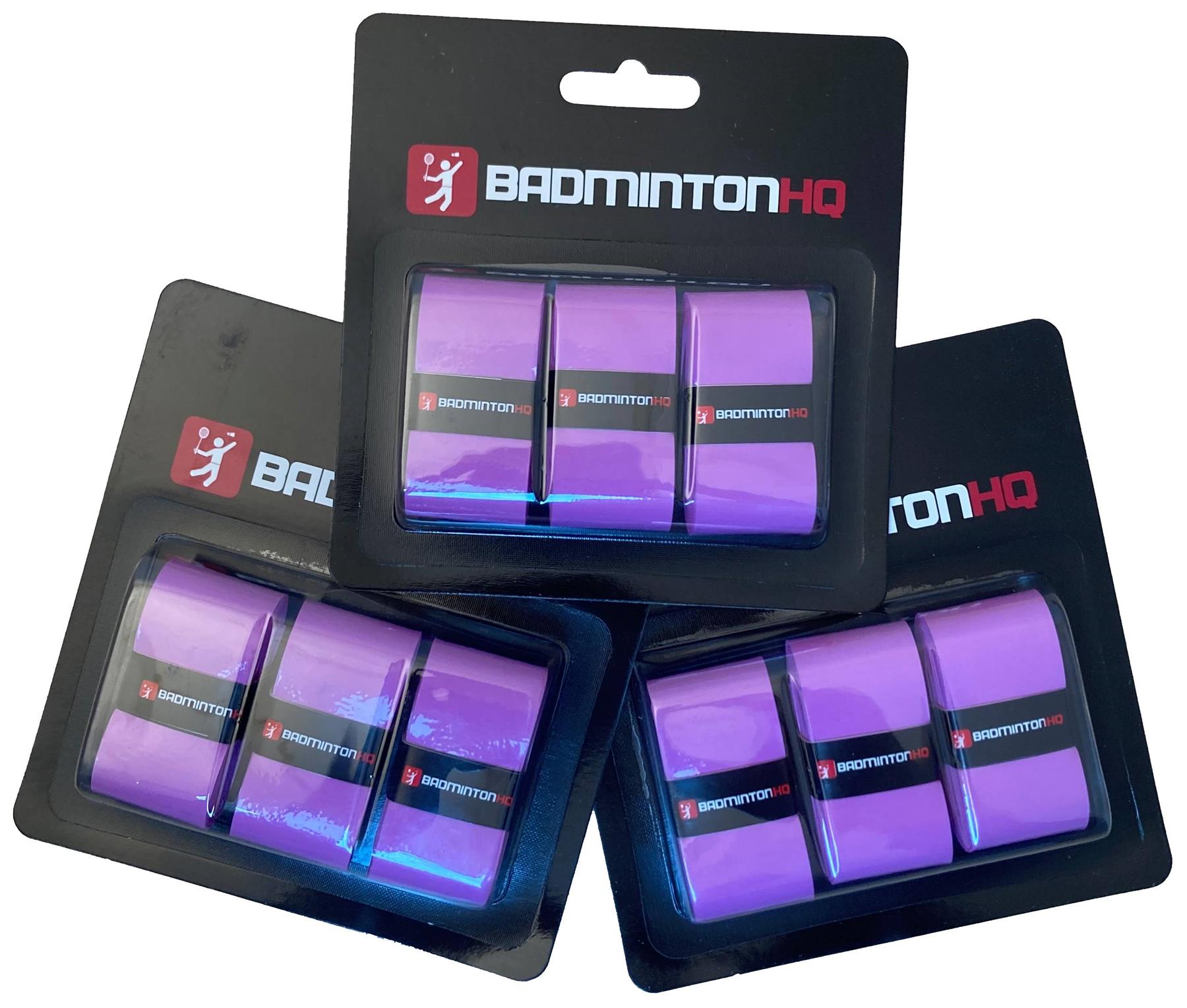 BadmintonHQ 3 Pack Badminton Overgrips in purple are shown in black packaging with the BadmintonHQ logo in white and red. Each pack contains three ultra-tacky, sweat-absorbent grips for superior performance.