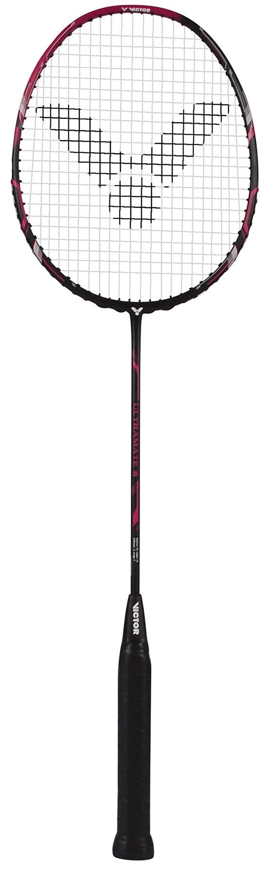 The Victor Ultramate 8 4U Badminton Racket in Black/Magenta has a head-heavy balance, black grip tape, pink accents, white strings, and a stylized logo on the string bed for enhanced performance.