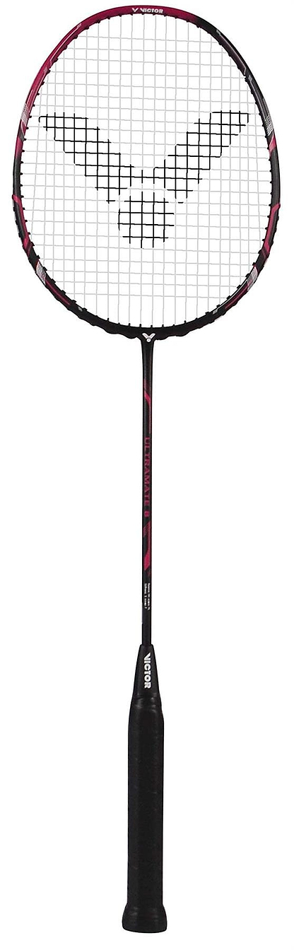 The Victor Ultramate 8 4U Badminton Racket in Black/Magenta has a head-heavy balance, black grip tape, pink accents, white strings, and a stylized logo on the string bed for enhanced performance.