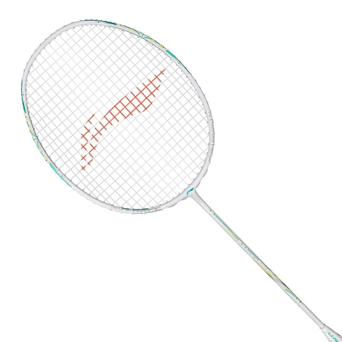 The Li-Ning Axforce 60 5U Badminton Racket in Pearl White features a light blue and yellow frame, a red curved string bed pattern, and advanced FRTP technology, displayed against a plain white background.