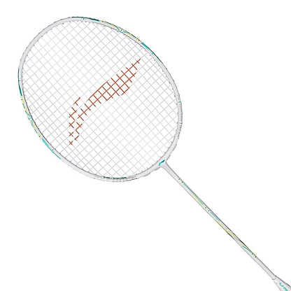 The Li-Ning Axforce 60 5U Badminton Racket in Pearl White features a light blue and yellow frame, a red curved string bed pattern, and advanced FRTP technology, displayed against a plain white background.