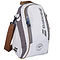 The Babolat Wimbledon Cooler Badminton Bag - Grey is an elegant white and grey carryall with brown straps and zippers, highlighting the iconic Wimbledon colors. It prominently displays the tournament's logo at the bottom, features a textured pattern on the sides, and includes an insulated design to keep contents cool.