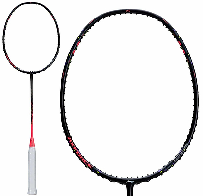 A Li-Ning Axforce 40 4U Badminton Racket in black/red is shown, featuring a white grip; one image displays the full racket and another zooms in on its TB Nano carbon fibre head and strings.