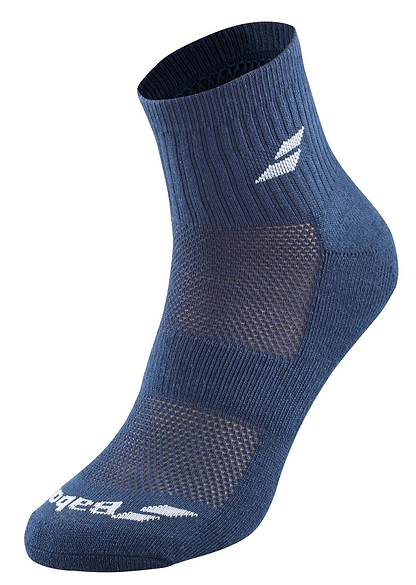A single blue ankle sock from the Babolat Quarter 3 Pack Badminton Socks set, ideal for badminton. It features a ribbed cuff, with white logo designs on the sides and toe, and ventilated zones for enhanced breathability and comfort, providing support during intense matches.