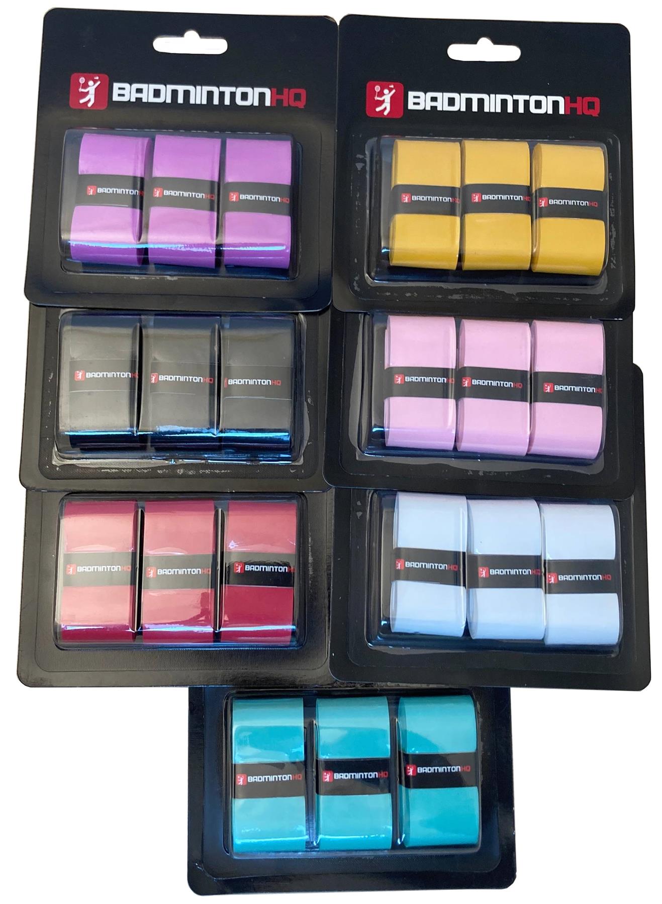 BadmintonHQ 3 Pack Badminton Overgrips in Sunset Yellow—each pack contains three sweat-absorbing, tacky grips sealed in clear plastic.