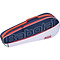 The Babolat RH3 Essential 3 Racket Bag in white, blue, and red showcases a sporty design with a red zipper and handle. It prominently displays the large white "Babolat" text on the side, making it ideal for carrying your rackets.