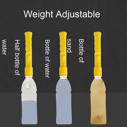 Diagram of three BadmintonHQ Grip Correction Trainers with yellow handles, each weighted like half a water bottle, a full bottle, and one filled with sand. Great for technique practice. Text: "Weight Adjustable.