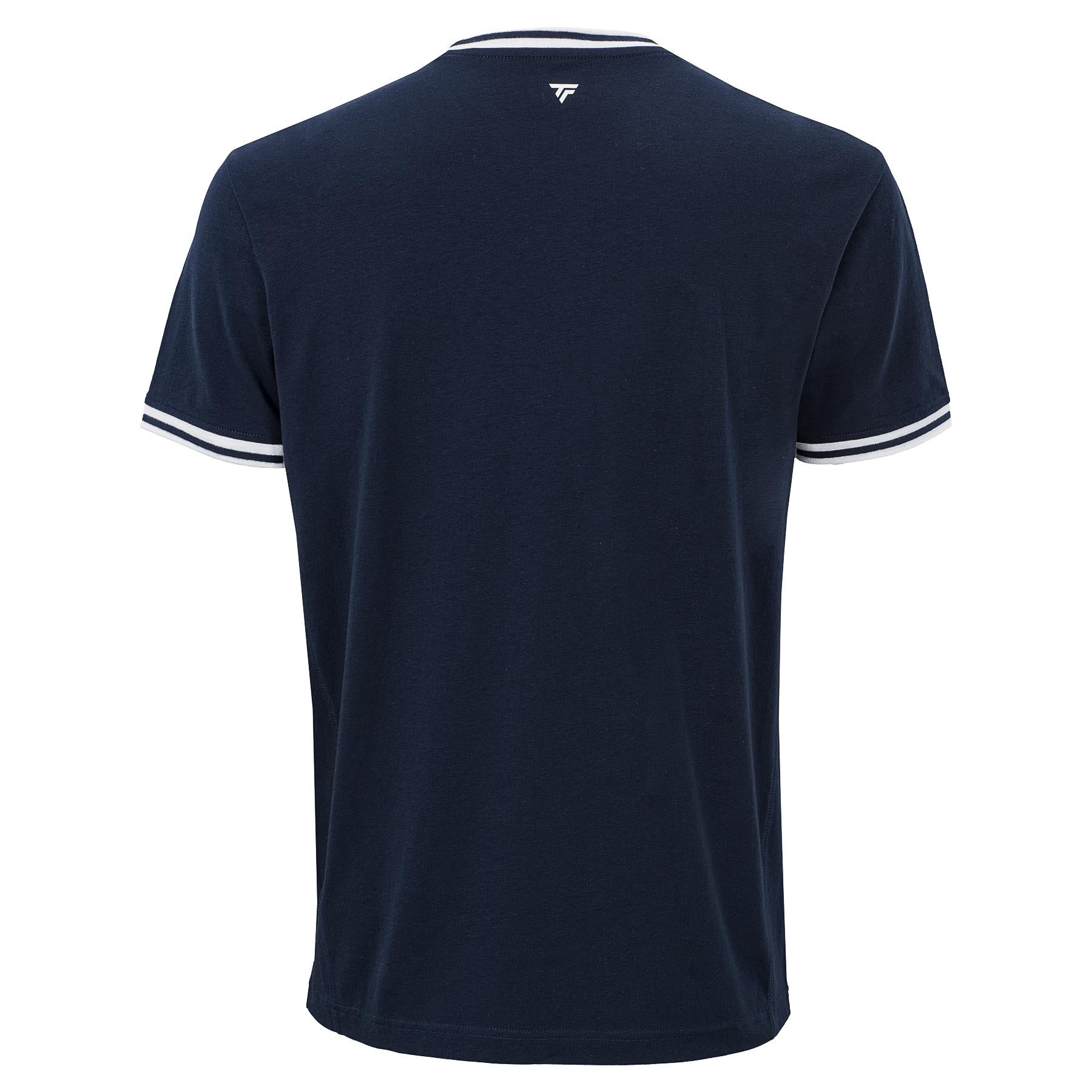 The Tecnifibre Team Stretch Mens Badminton T-Shirt in Marine Blue, by Tecnifibre, features short sleeves, white trim on the sleeves and collar, and a small white logo under the back neckline.