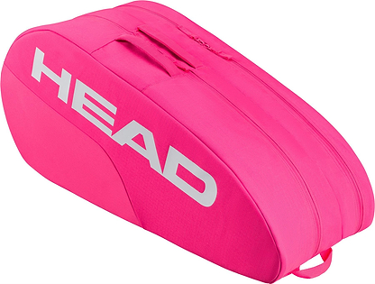 The HEAD Base 6 Racket Badminton Bag M in bright pink features two main zippered compartments, a top carrying handle, and a large white HEAD logo on the side—ideal for tennis or badminton gear.