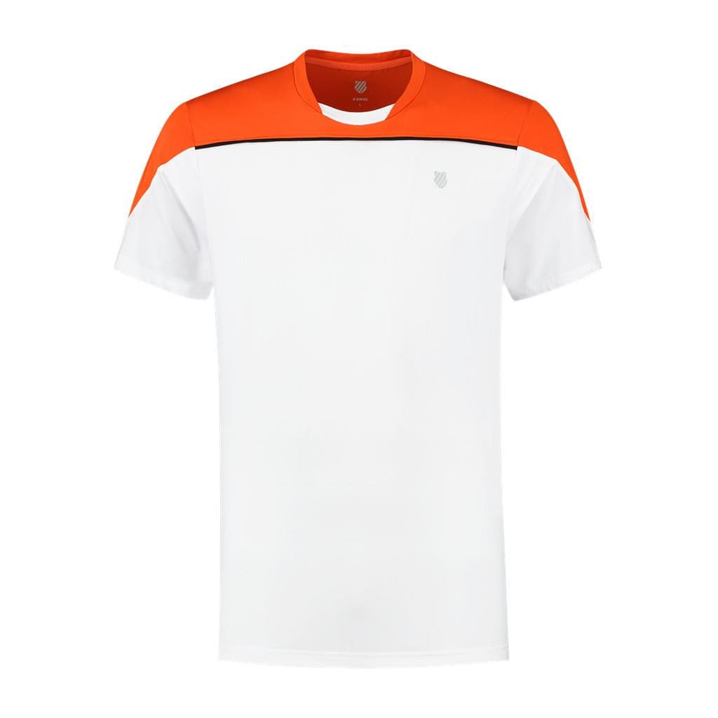 The K-Swiss Hypercourt Block Crew Tee 3 Men's T-Shirt in White and Spicy Orange is a stylish short-sleeved shirt designed by K-Swiss, highlighted by an orange panel across the shoulders and upper chest with a black line just beneath it, perfectly combining performance clothing with modern style.