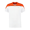The K-Swiss Hypercourt Block Crew Tee 3 Men's T-Shirt in White and Spicy Orange is a stylish short-sleeved shirt designed by K-Swiss, highlighted by an orange panel across the shoulders and upper chest with a black line just beneath it, perfectly combining performance clothing with modern style.