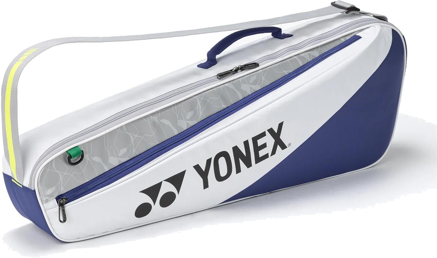 The Yonex BA52523EX Club 3 Racket Badminton Bag in white and blue features a large Yonex logo, long shoulder strap, and lightweight design—perfect for stylishly carrying rackets and sports gear.