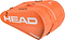 The HEAD Tour 12 Racket Badminton Bag XL in orange features two zippered compartments, a top carrying handle, climate control technology, and a bold white HEAD logo—ideal for carrying multiple rackets and accessories in style.