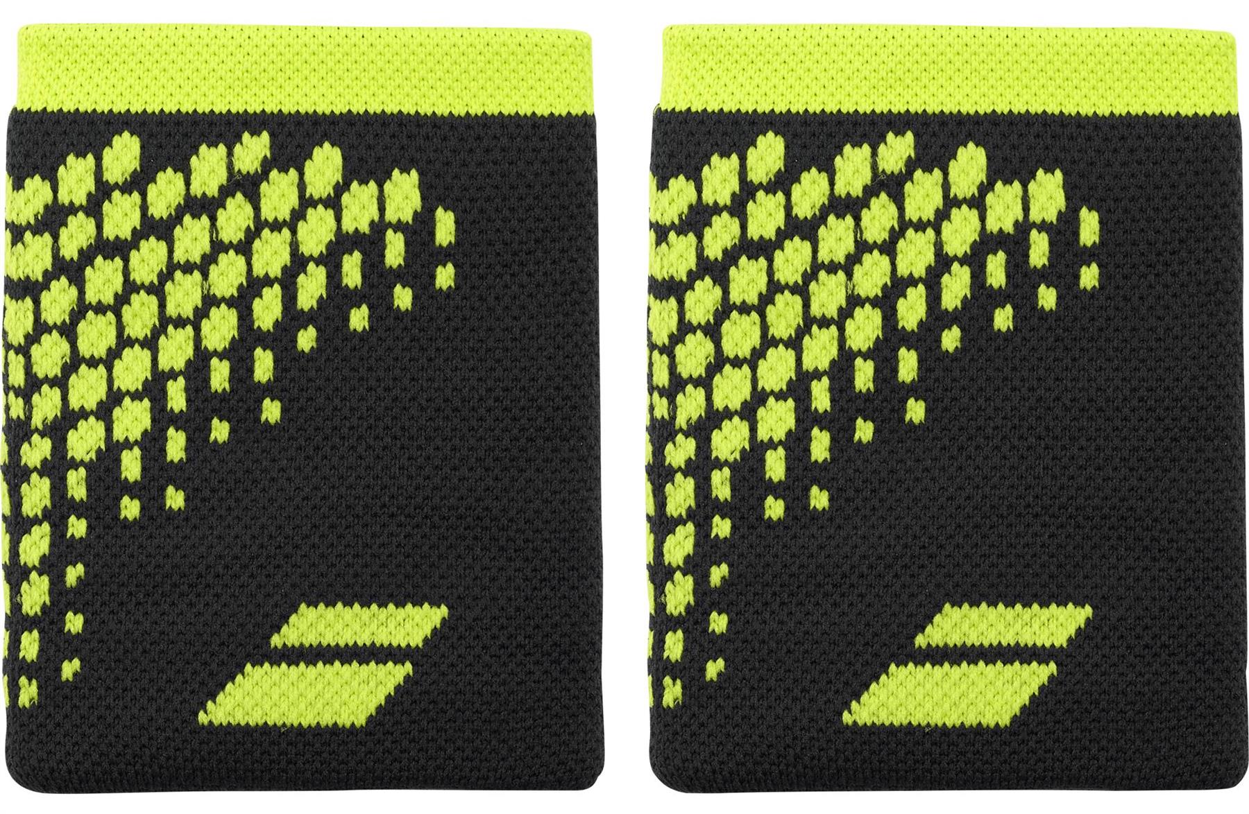 The Babolat Logo Jumbo Wristband - Aero Grey features a bright yellow hexagon diagonal design with a yellow logo, offering sweat absorption to keep you dry and comfortable during any activity.