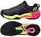 The Yonex Subaxia GT Men's Badminton Shoes in dark grey feature bold patterns, neon yellow and pink accents, the Yonex logo, and advanced GRPHT THRTTL technology for enhanced performance, shown from both side and sole views.