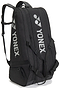 The Yonex BA72629EX Gearlogic 9 Racket Badminton Bag in black features multiple zippered compartments, shoulder straps, and white Yonex branding—perfect for serious players seeking ample storage.