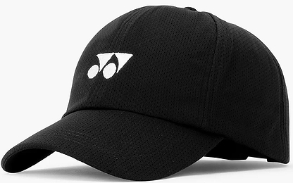 The Yonex 40125EX Badminton Cap in black features a curved brim, white abstract logo on the front, and an adjustable strap for a comfortable, lightweight fit.