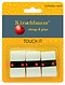 A product image of the Kirschbaum Touch It Badminton Overgrip 3 Pack displays three durable white overgrips, each with small red cherry logos. The packaging is labeled "TOUCH IT," and features a textured background with water droplets, emphasizing its "EXTREMELY TACKY" texture and superior absorption capabilities.