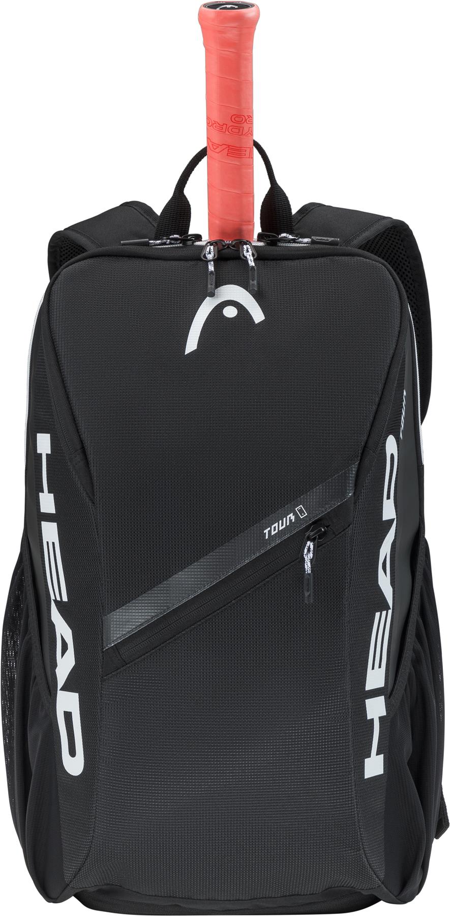 The HEAD Tour 25L Badminton Backpack in black features white branding, a zippered pocket, a racquet handle with red grip tape protruding on top, and a convenient shoe compartment for extra storage.