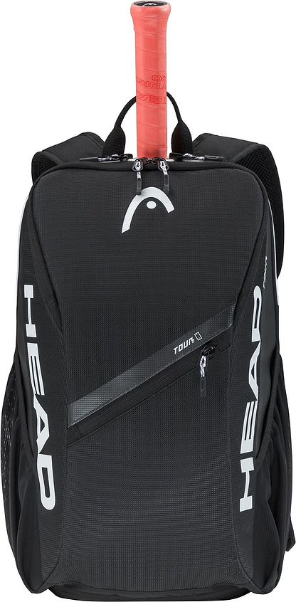 The HEAD Tour 25L Badminton Backpack in black features white branding, a zippered pocket, a racquet handle with red grip tape protruding on top, and a convenient shoe compartment for extra storage.