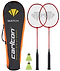 The Carlton Match 2 Player Badminton Set - Red includes two red steel alloy rackets for beginners, three yellow shuttlecocks, and an orange and black Carlton carrying case, all displayed on a white background.