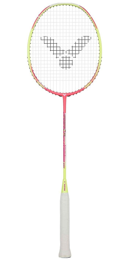The Victor Thruster K66 Badminton Racket - Deep Pink by Victor is a lightweight racket featuring a vibrant design in shades of pink, yellow, and white. It is tailored for intermediate players, with strings that create a distinct pattern within its circular frame and a handle wrapped in white grip tape for added comfort.