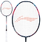The Li-Ning Axforce 90 Tiger Max 4U Badminton Racket, designed for advanced players, stands out with its elegant black frame and white grip. Its string pattern creates a bold red design, complemented by blue and red accents along the outer edge. The racket is displayed against a pristine white background.