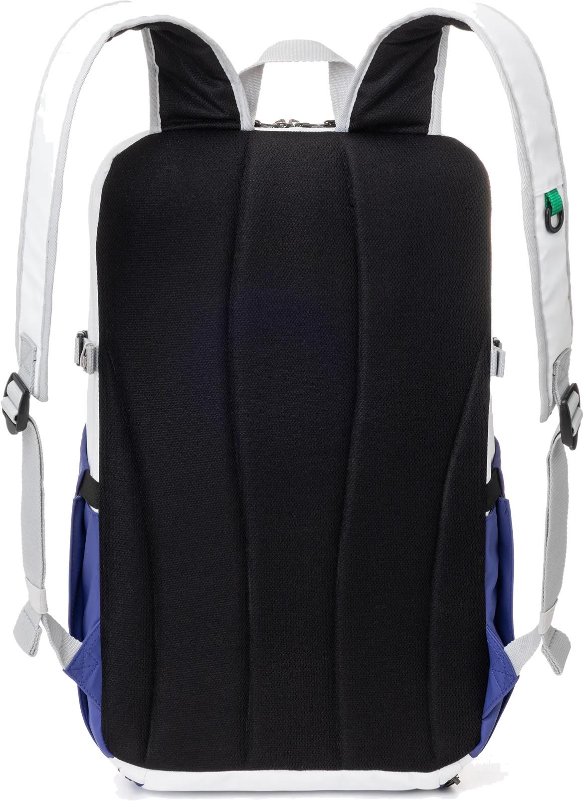 The Yonex BA52512EX Club Badminton Backpack by Yonex is shown from the back, featuring black padded straps and back panel, white and blue sides, gray adjusters, and a small green accent on one strap.