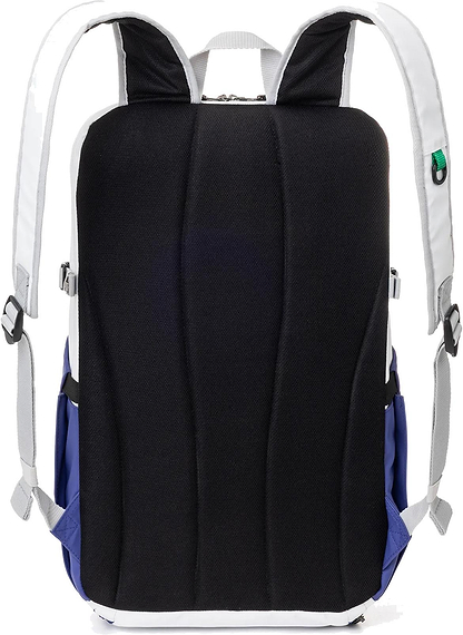 The Yonex BA52512EX Club Badminton Backpack by Yonex is shown from the back, featuring black padded straps and back panel, white and blue sides, gray adjusters, and a small green accent on one strap.