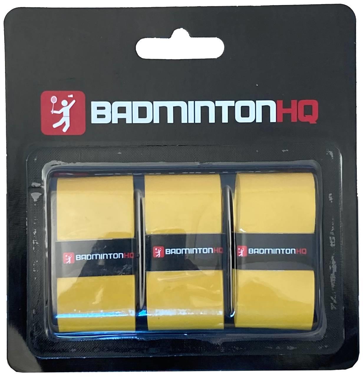 BadmintonHQ 3 Pack Badminton Overgrips in Sunset Yellow, featuring the BadmintonHQ logo, come in sleek black packaging. These overgrips deliver superior sweat absorption for better comfort and control on the court.