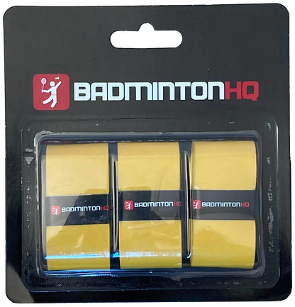 BadmintonHQ 3 Pack Badminton Overgrips in Sunset Yellow, featuring the BadmintonHQ logo, come in sleek black packaging. These overgrips deliver superior sweat absorption for better comfort and control on the court.