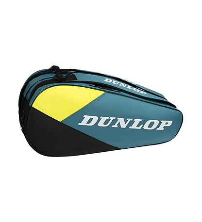 The Dunlop SX Club 6 Racket Badminton Bag in teal, black, and yellow features a prominent white "Dunlop" logo. It offers two large zippered compartments for gear and a top handle for easy carrying.