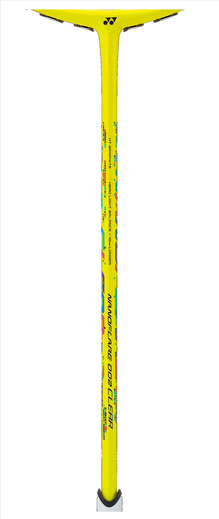 Discover the Yonex Nanoflare 002 Clear 4U Badminton Racket in yellow. Featuring eye-catching graphics and a T-joint, it seamlessly integrates ISOMETRIC™ technology for improved performance, while sleek branding details complete its vibrant design.