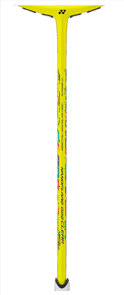Discover the Yonex Nanoflare 002 Clear 4U Badminton Racket in yellow. Featuring eye-catching graphics and a T-joint, it seamlessly integrates ISOMETRIC™ technology for improved performance, while sleek branding details complete its vibrant design.
