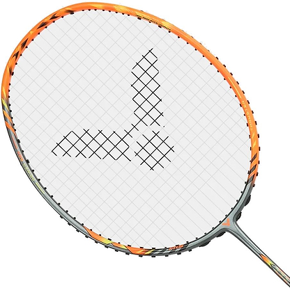 The Victor Thruster Rocket O 4U Badminton Racket by Victor features a silver and orange frame with a unique black triangular logo pattern on the white stringed area.