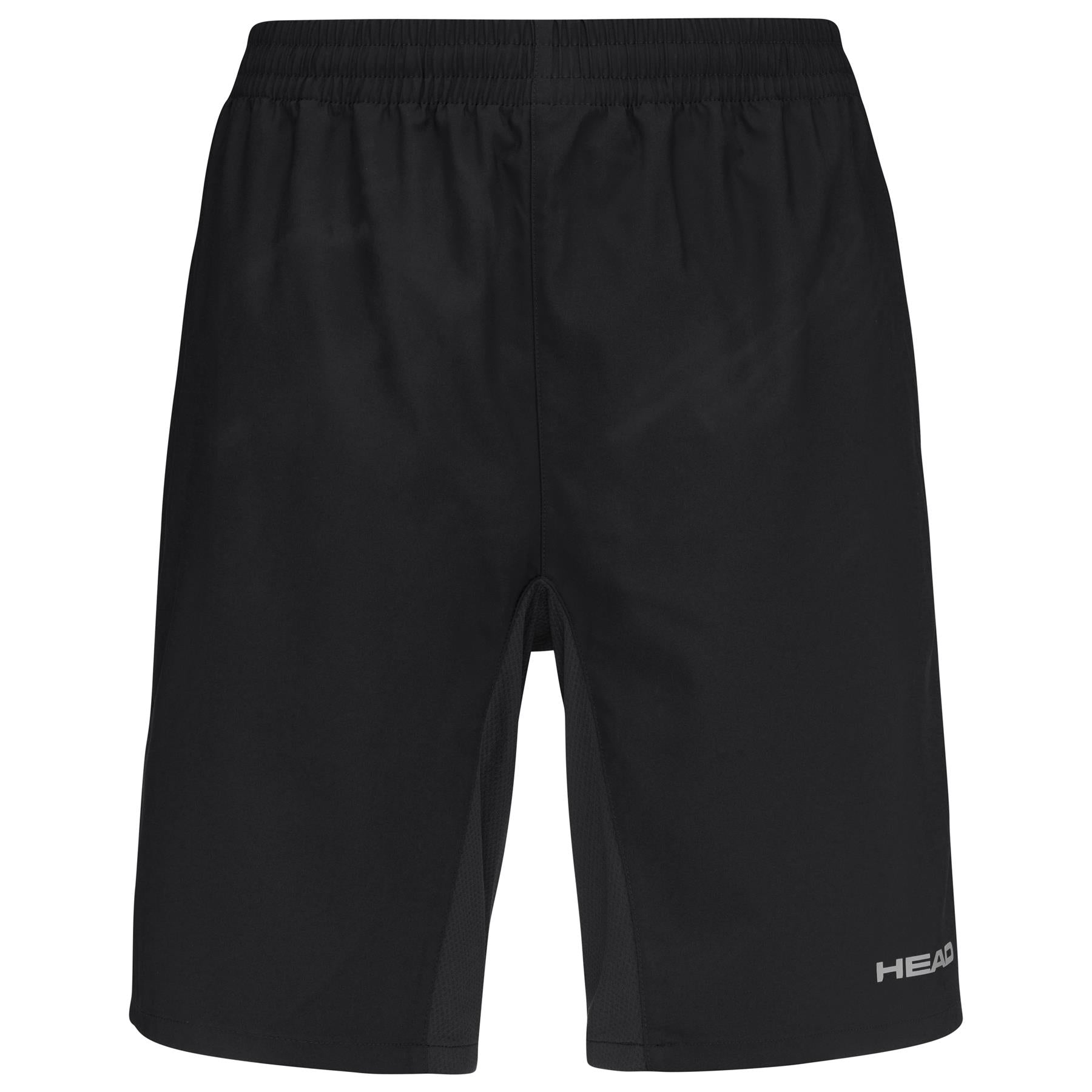 HEAD Club Bermudas Men's Badminton Shorts by HEAD in black, shown from the front, feature an elastic waistband and a simple design with a small white "HEAD" logo on the lower right leg. Made from moisture-wicking microfibre.