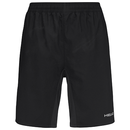 HEAD Club Bermudas Men's Badminton Shorts by HEAD in black, shown from the front, feature an elastic waistband and a simple design with a small white "HEAD" logo on the lower right leg. Made from moisture-wicking microfibre.