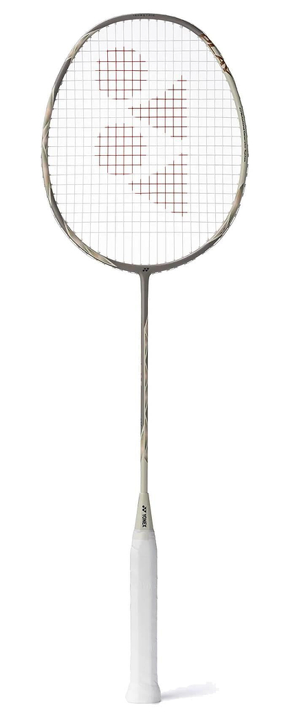 The Yonex Astrox 77 Play 4U Badminton Racket in Light Beige by Yonex features a slim graphite shaft, circular head with red string markings, and white grip, displayed against a white background.