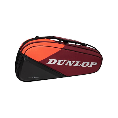 The Dunlop CX Performance 3 Badminton Racket Bag showcases a bold black and red design adorned with the distinct white Dunlop logo. It includes an adjustable shoulder strap to ensure comfort and versatility.