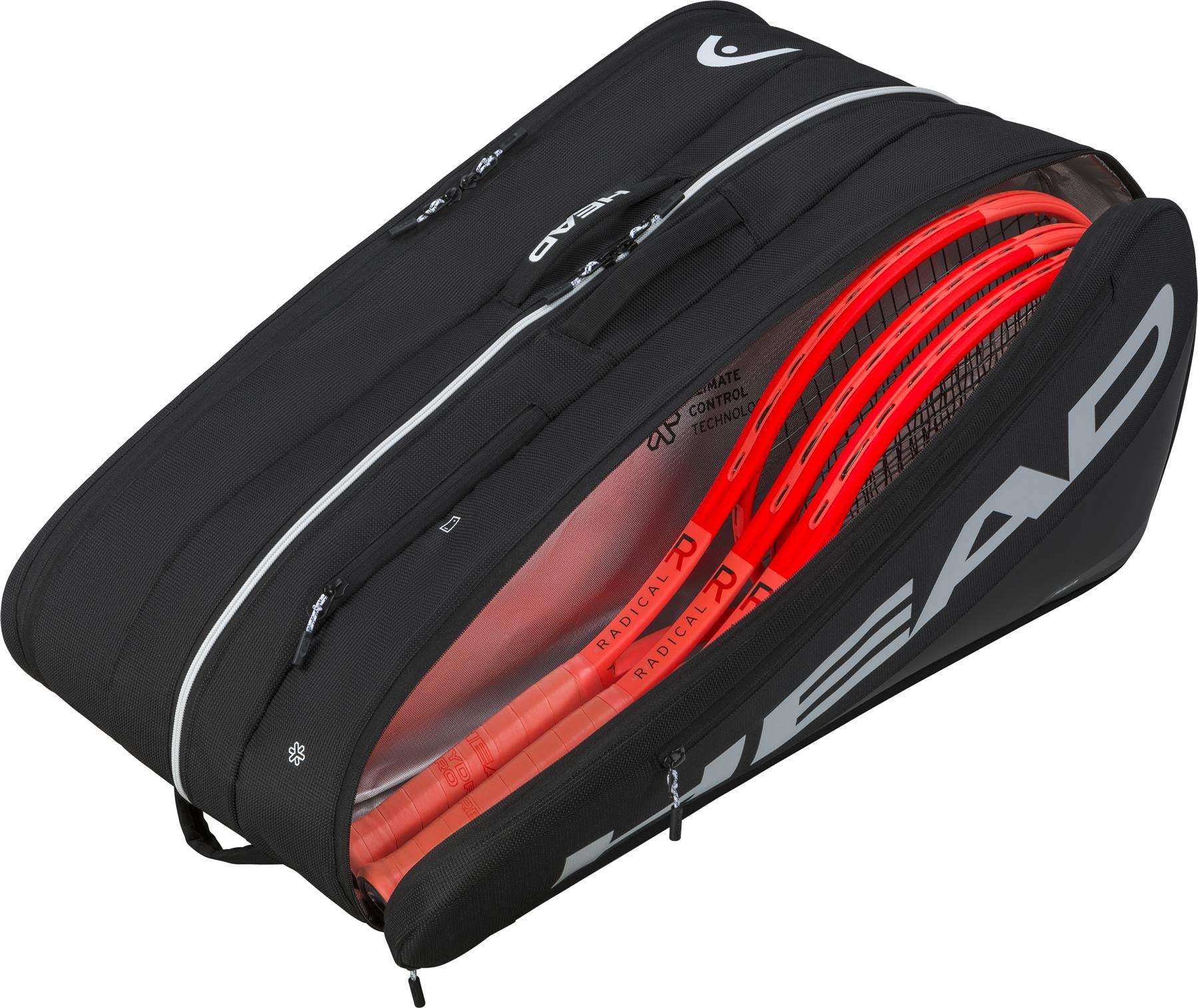 The HEAD Tour 12 Racket Badminton Bag XL in black, featuring large white HEAD branding, climate control tech, and multiple compartments, is shown unzipped to reveal several red racquets inside.
