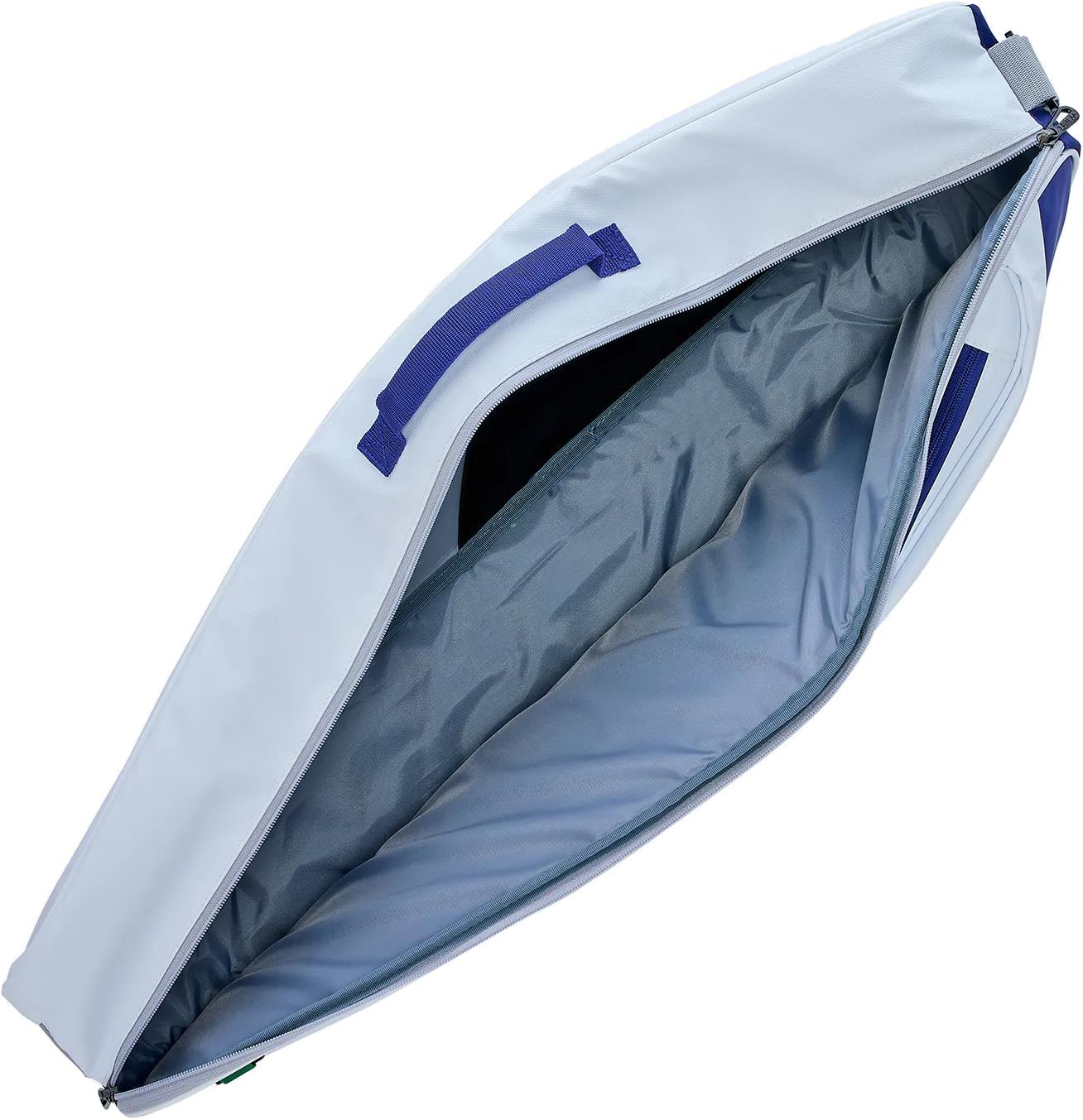 The Yonex BA52523EX Club 3 Racket Badminton Bag in white and blue features a soft-sided, light gray design with a mostly open zipper, revealing a padded interior and top blue handle. The lightweight bag is shown empty.