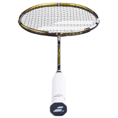 The Babolat Jetstream 78 5U is an ultra-light badminton racket featuring a black and gold frame and a white grip, designed for precision. Vertically positioned, it highlights finely tuned strings with the Babolat logo at the handle's end.