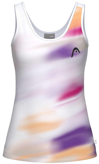 The HEAD Blur Womens Badminton Tank Top - PUXU is a white sleeveless top with a scoop neckline and blurred purple, orange, and pink pattern. Made from moisture-wicking fabric, it features a small black HEAD logo on the left chest.