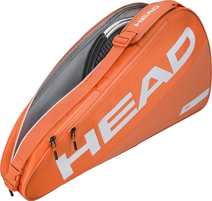 The HEAD Tour 3 Racket Badminton Bag S in orange features a bold white HEAD logo, multiple zippered compartments, and space for racket handles inside.